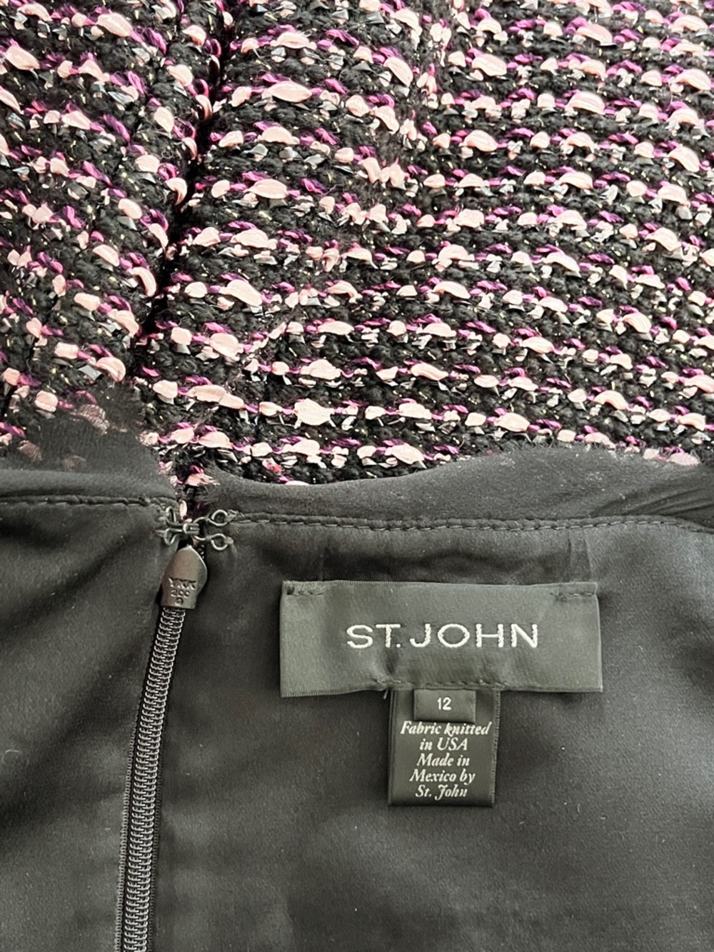 St. John ‘Elista’ Pink and Black Tweed Sleeveless Square Neckline Dress, Size 12 - Picture 9 of 10